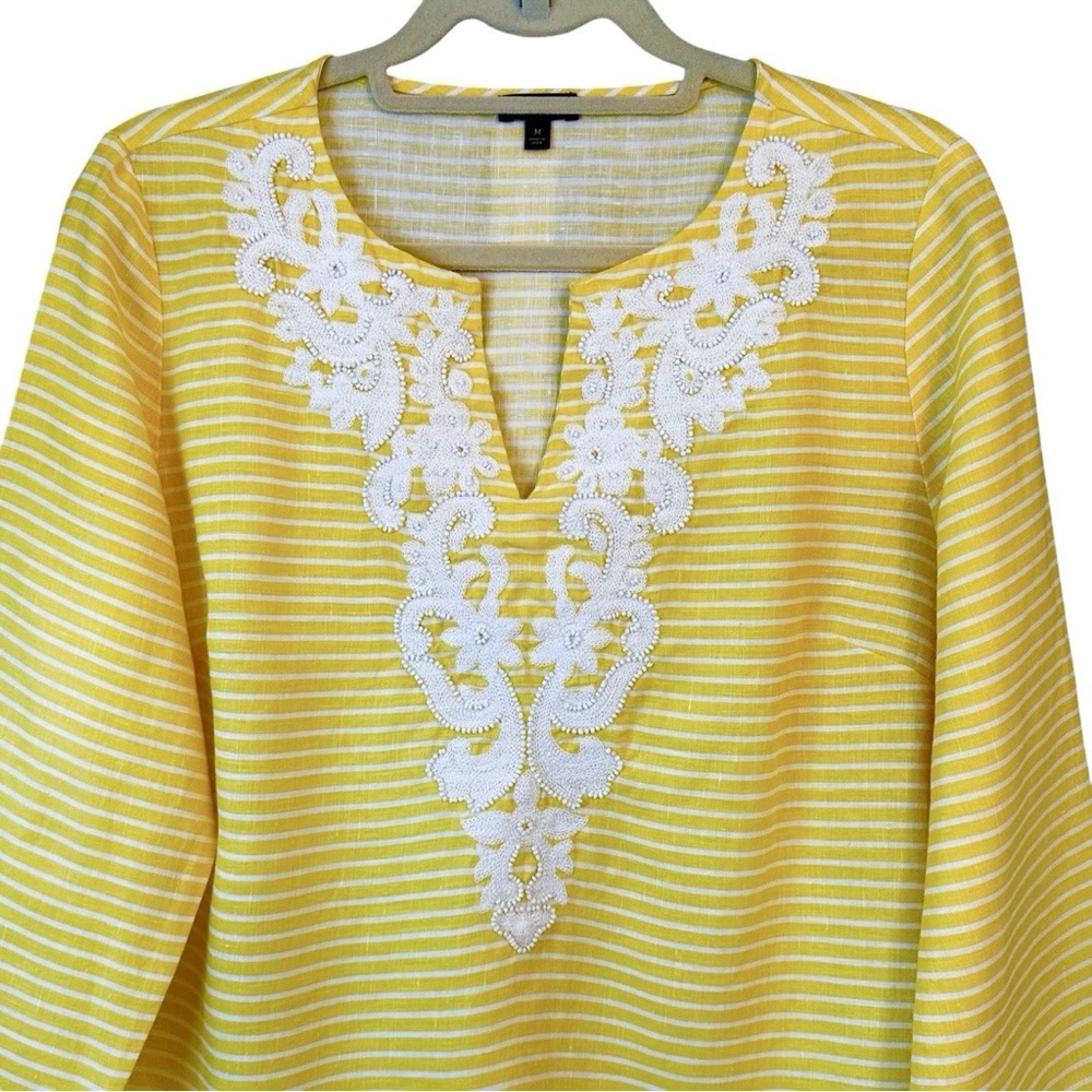 Talbots M Linen Top Yellow White Stripe V Notch Embroidery Beaded Coastal Beach - Picture 4 of 13